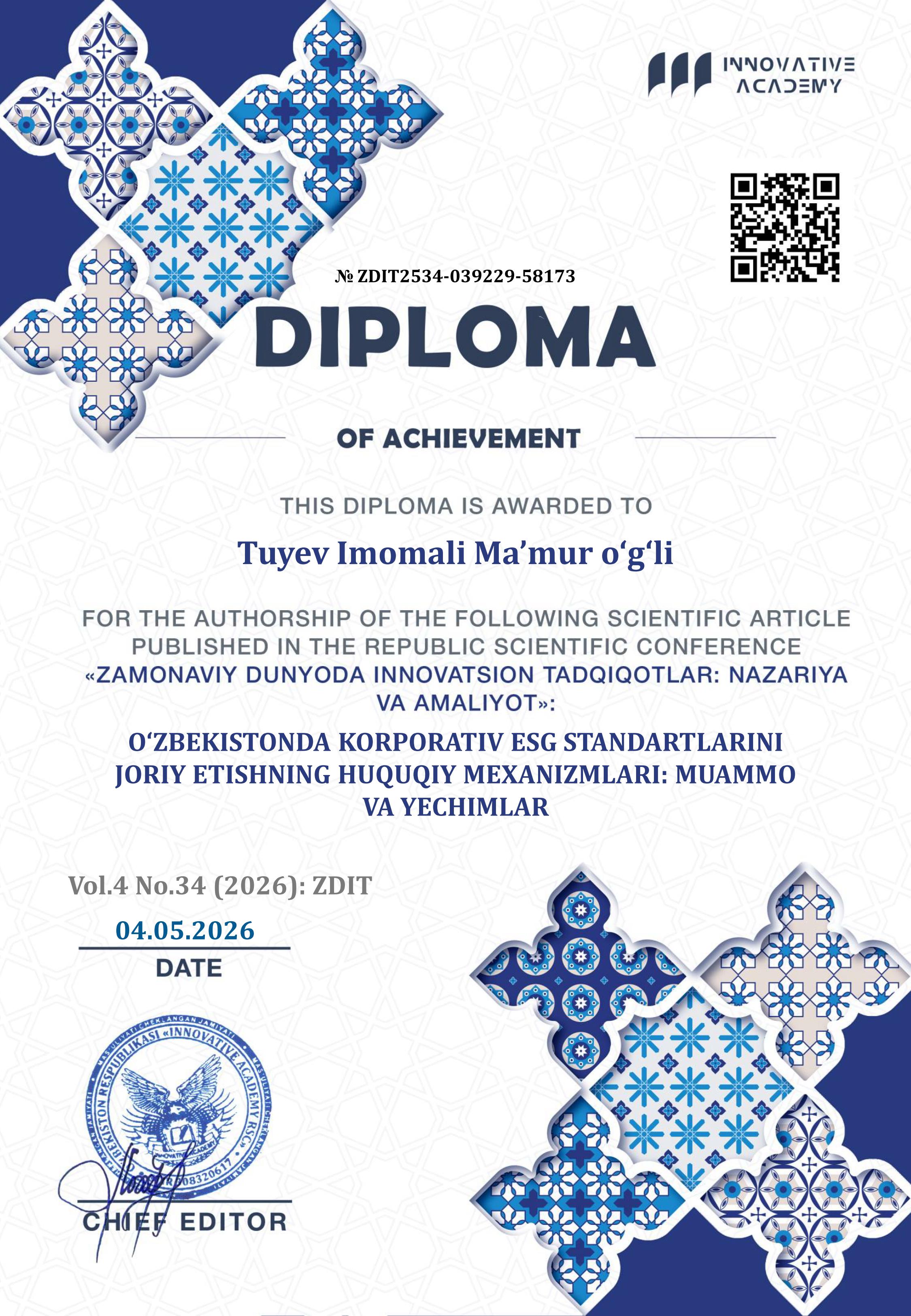 O‘zbekistonda korporativ esg standartlarini joriy etishning huquqiy mexanizmlari: muammo va yechimlari oshirish instituti mustaqil izlanuvchisi